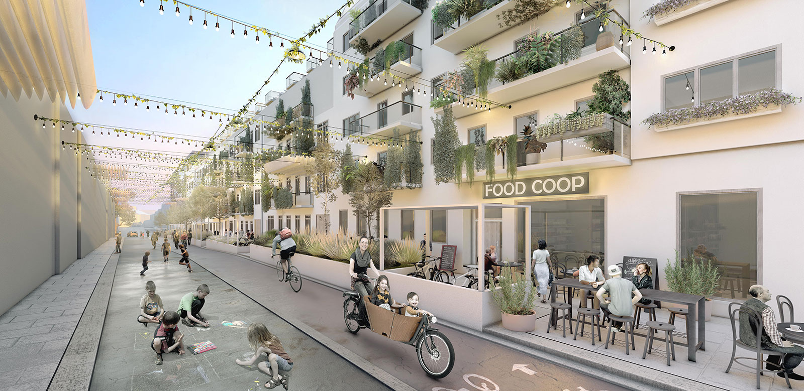 Rendering von Gebäuden mit Begrünung, gemeinsam genutzter Fläche, Food Coop, netten Lichtern, einem Fahrradstreifen und einer Straße, wo Kinder spielen