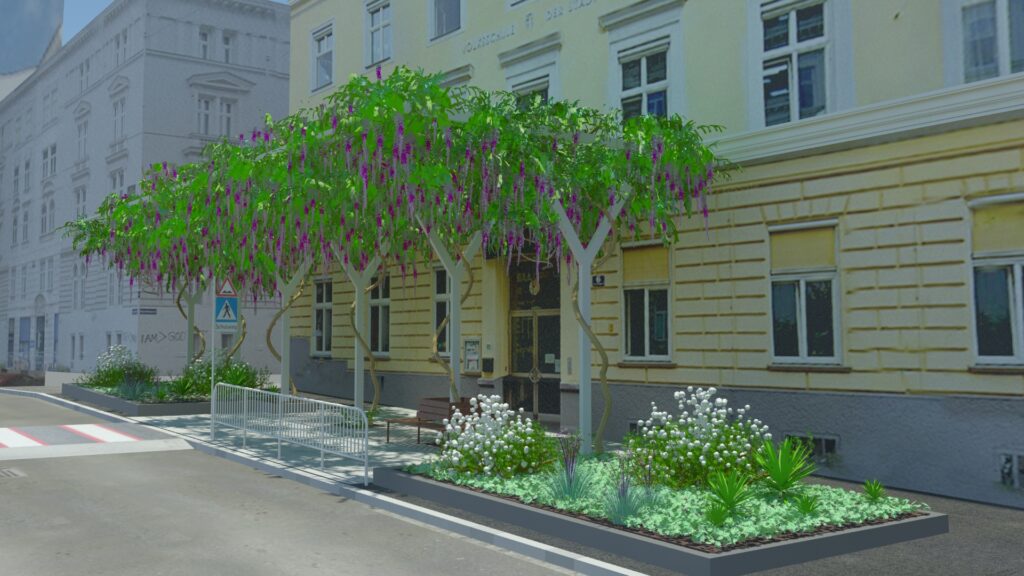 Grafik von Begrünungslösung vor einer Volksschule in Wien