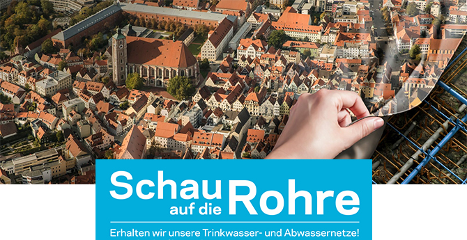 Titelbild Schau auf die Rohre, Grafik: unterirdische Rohre blitzen unter Stadt hervor